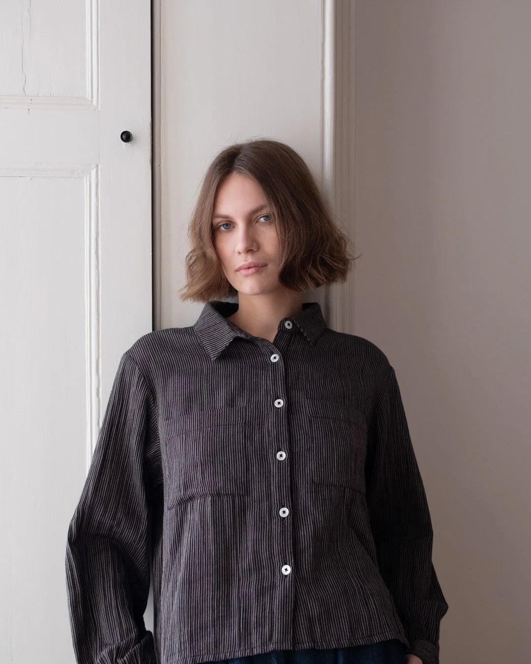 BIBICO Ada Cropped Blouse in Grey Pin Stripe